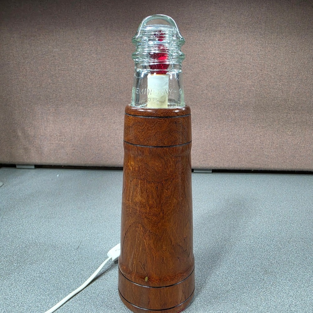 Hemingray Glass Insulator Lighthouse Lamp Wood Base Brown Excellent Vintage Art